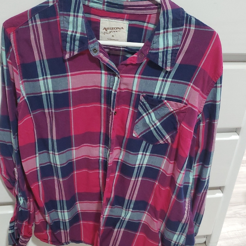 Arizona Jean Company Pink and Blue Plaid Shirt